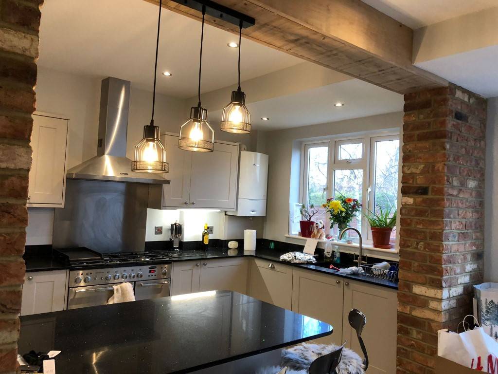 Kitchen lighting with exposed beams